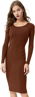 Women'S Knee Length Long Sleeve Knitted Ribbed Screw Neck Bodycon Winter Sweater Dresses 2616