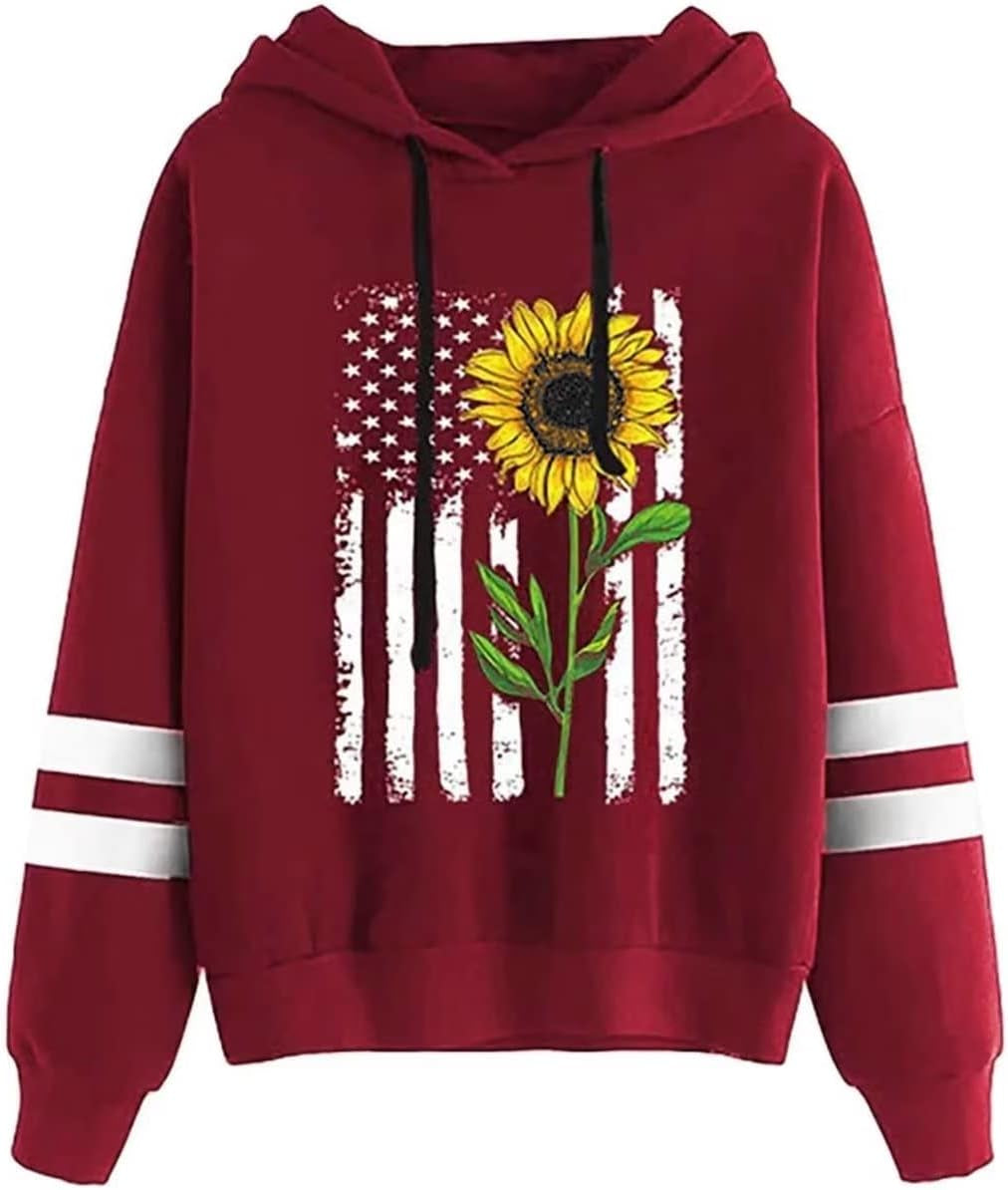 Women Sunflower Print Sweatshirts Color Block Long Sleeve Hoodies Lightweight Drawstring Pullover Tops