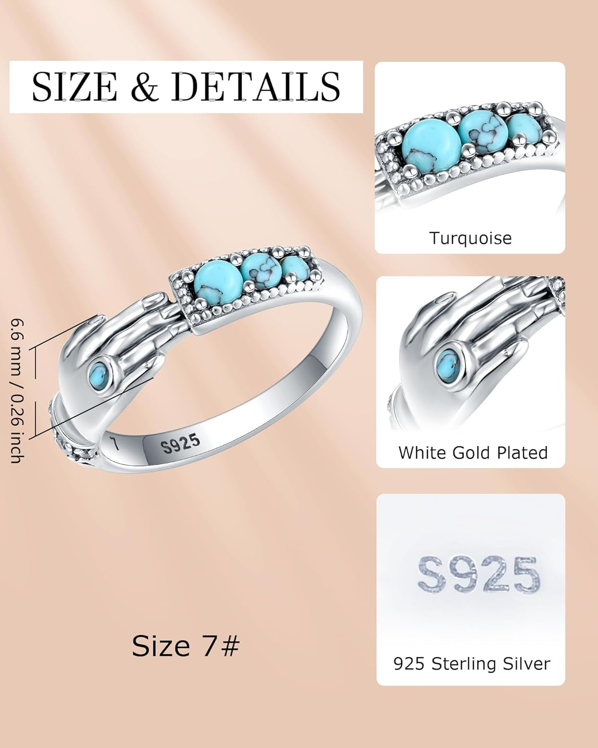 Sterling Silver Adjustable Hug Ring - White Gold/Rose Gold Plated Couple Hugging Band for Women Men'S Wedding - Turquoise Hand Jewelry for Her