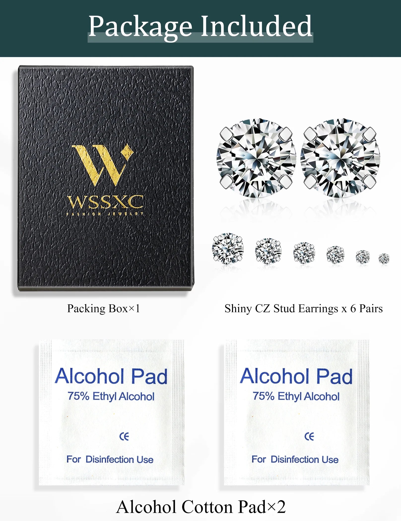 6 Pairs Stud Earrings Hypoallergenic Surgical Steel Cubic Zirconia Earrings