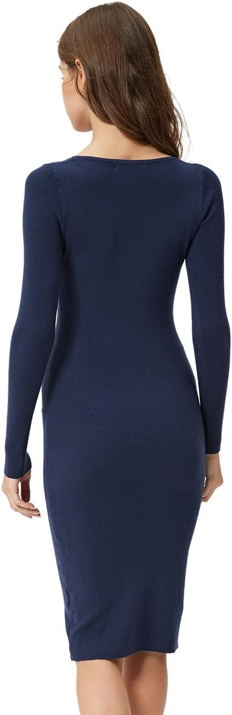 Women'S Knee Length Long Sleeve Knitted Ribbed Screw Neck Bodycon Winter Sweater Dresses 2616