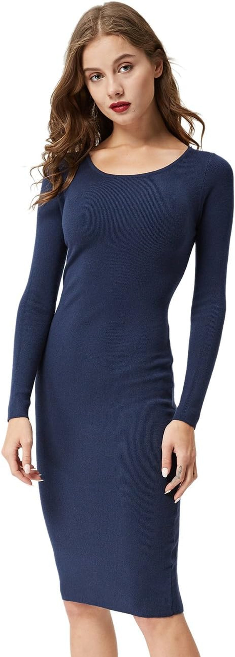 Women'S Knee Length Long Sleeve Knitted Ribbed Screw Neck Bodycon Winter Sweater Dresses 2616