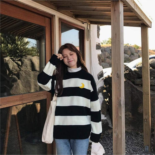 Women Kawaii Ulzzang College Wind Candy Contrast Striped Moon Sweater Clothing