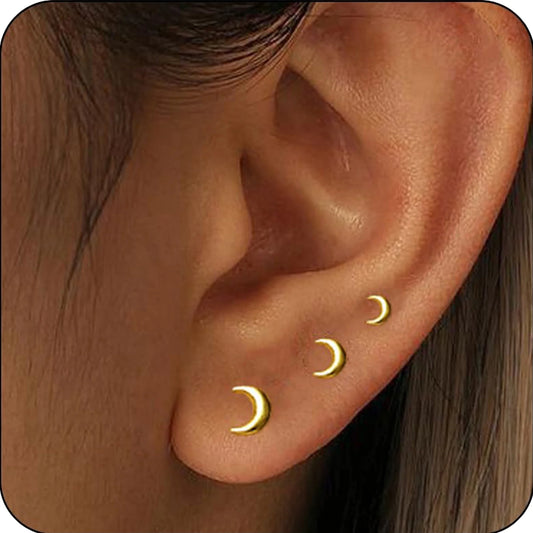 3 Pairs 18K Gold Plated Moon Stud Earrings for Women Hypoallergenic Post Earring Sets Birthday Christmas Jewelry Gifts Teen Mom Adults Girfriend Tween Daughter Wife Stocking Stuffers Age Ideas
