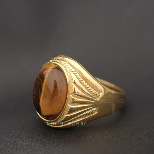 MENDEL Mens Stainless Steel Gold Plated Natural Tiger Eye Stone Ring Size 7-15
