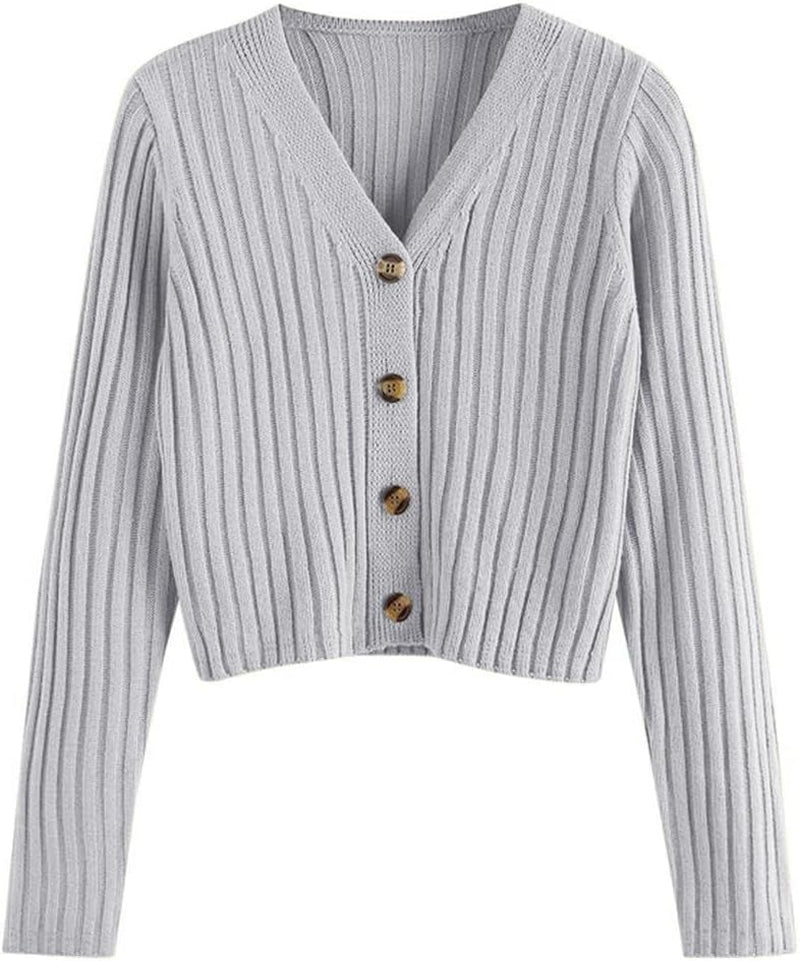 Women'S V Neck Ribbed Button up Cardigan Solid Knitwear Long Sleeve Surplice Crop Tops Sweaters