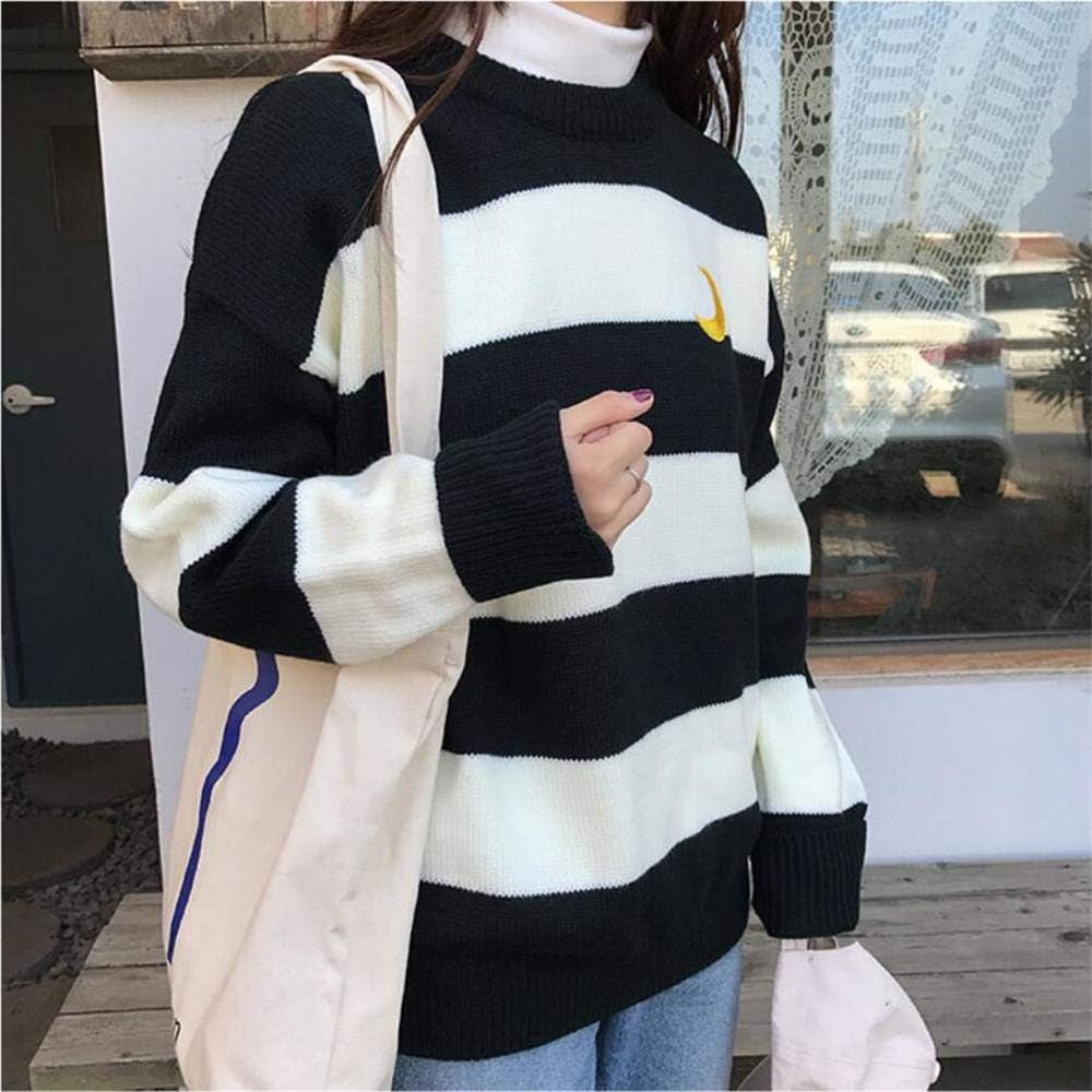 Women Kawaii Ulzzang College Wind Candy Contrast Striped Moon Sweater Clothing