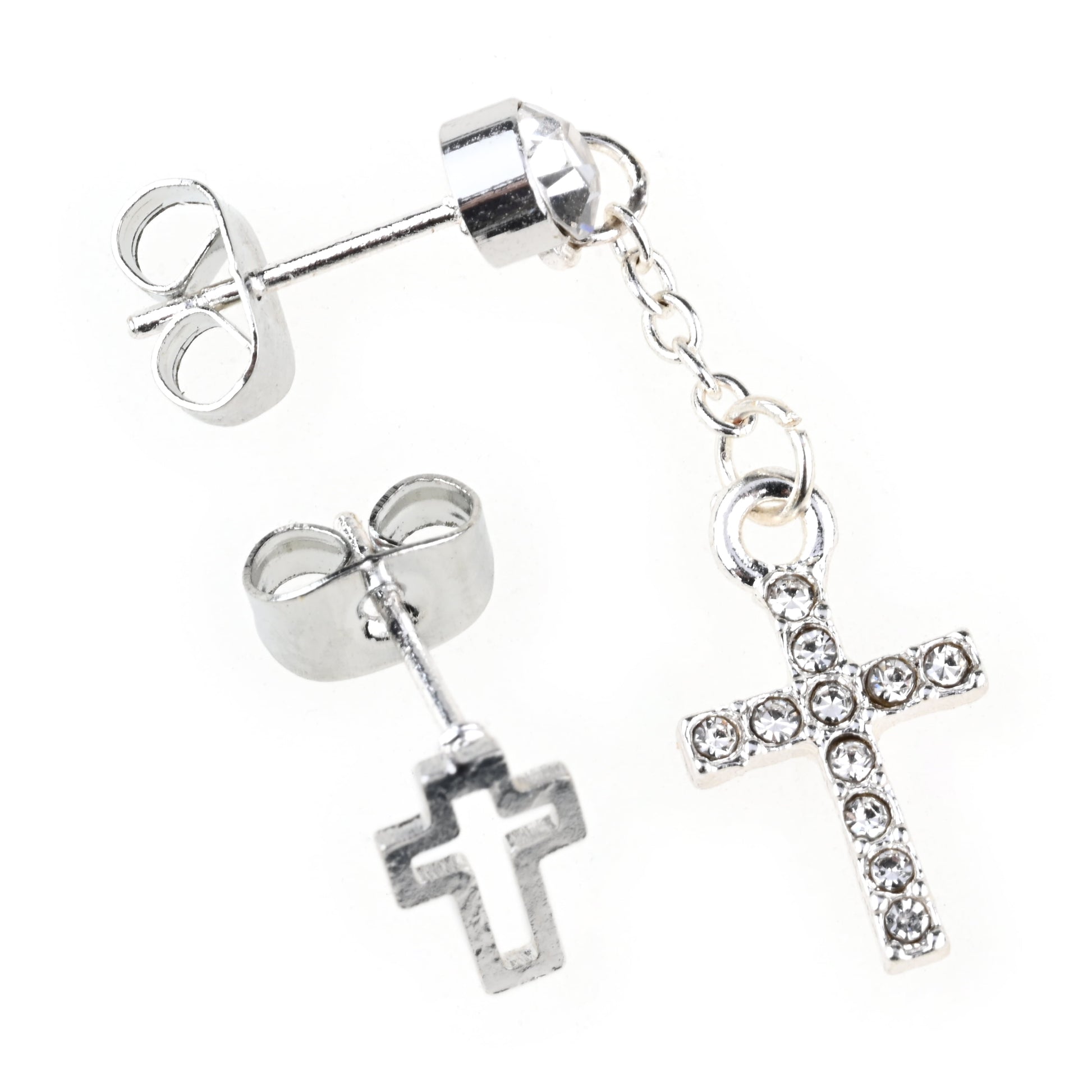 Tween Silver and Rhinestone Cross Earring Set, Stud and Dangle Earrings, 4 Pieces