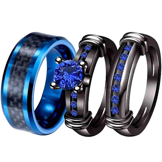 Matching Ring Couple Rings Black Gold Plated 1CT Blue CZ Wedding Ring Sets Male Ring