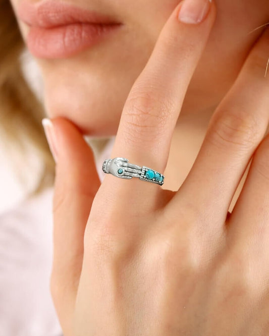 Sterling Silver Adjustable Hug Ring - White Gold/Rose Gold Plated Couple Hugging Band for Women Men'S Wedding - Turquoise Hand Jewelry for Her