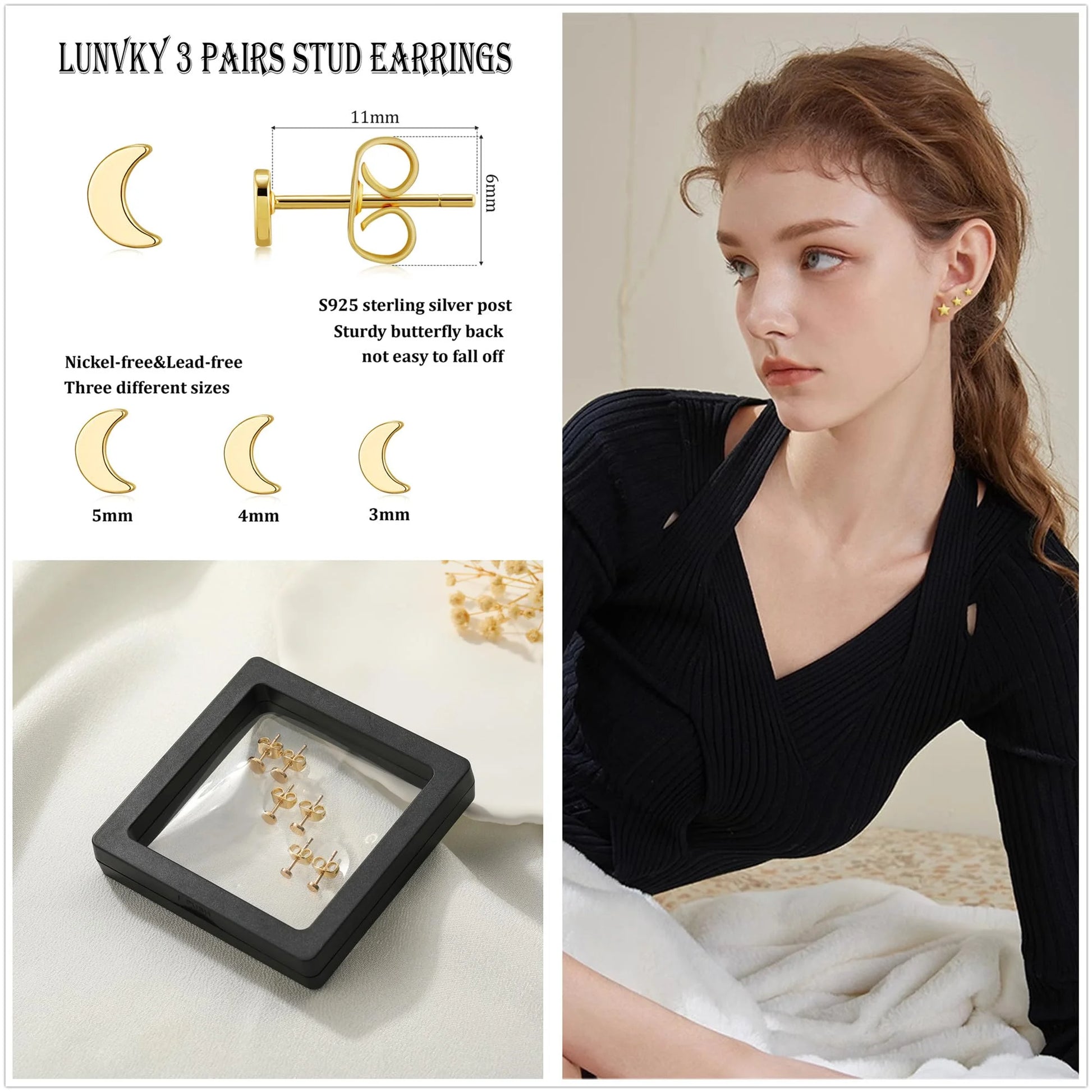 3 Pairs 18K Gold Plated Moon Stud Earrings for Women Hypoallergenic Post Earring Sets Birthday Christmas Jewelry Gifts Teen Mom Adults Girfriend Tween Daughter Wife Stocking Stuffers Age Ideas