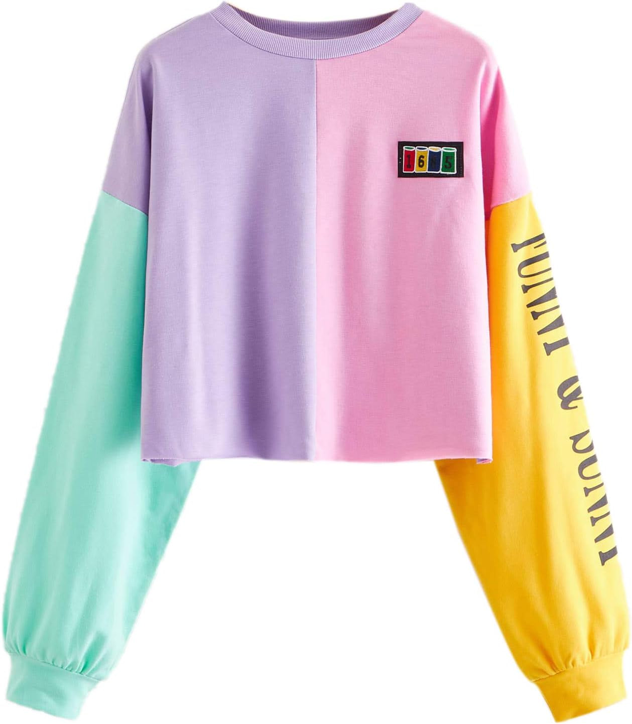 Women'S Letter Print Color Block Crop Sweatshirt Long Sleeve Pullover Tops