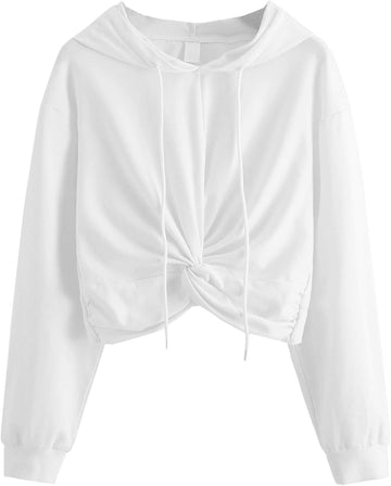 Women Cute Twist Front Drawstring Crop Top Sweatshirt Cropped Hoodie White S