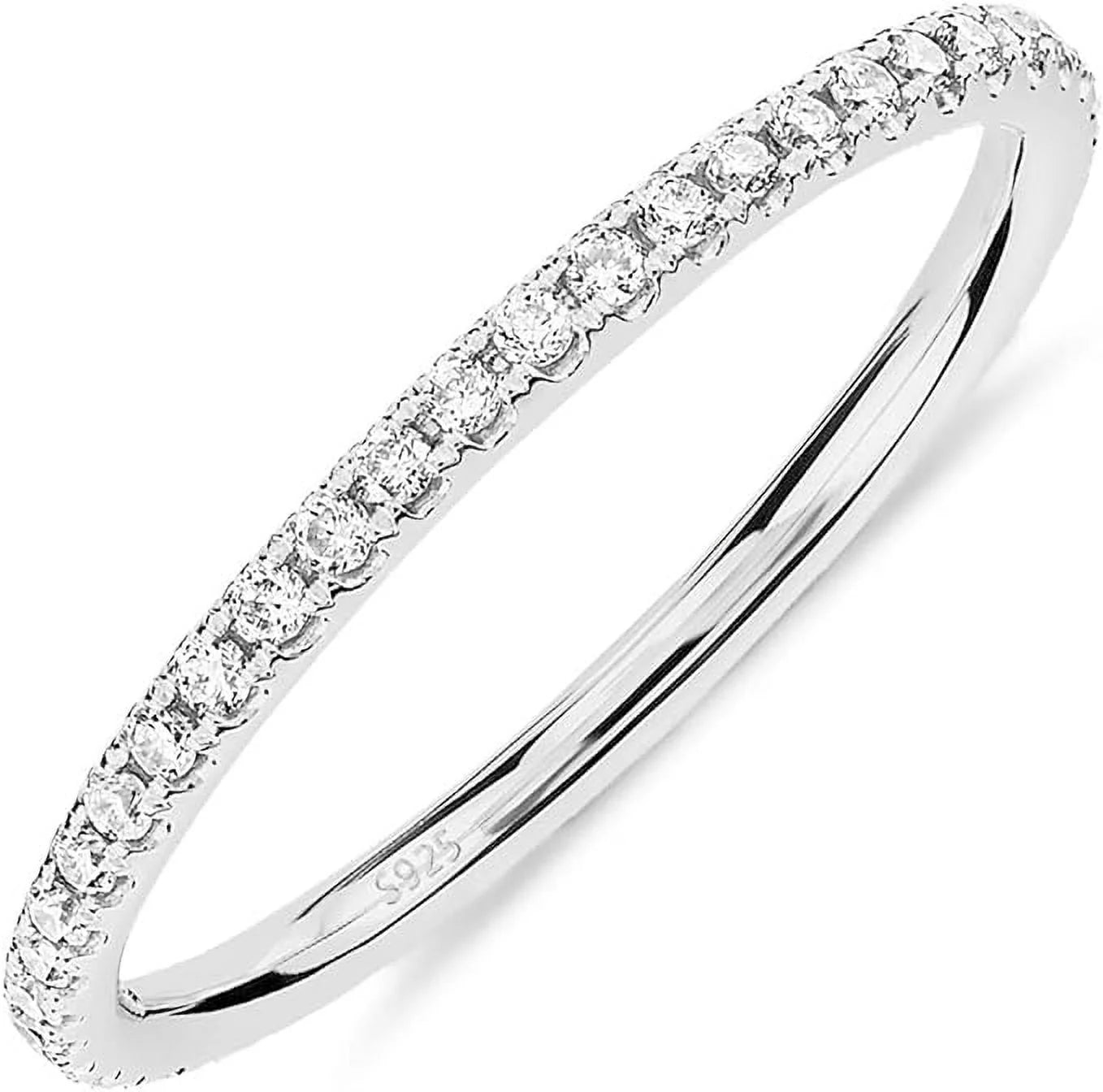 Rhodium Plated 925 Sterling Silver Stackable CZ Ring for Women | Thin Band for Stacking | Simulated Diamond Eternity Wedding Band | Size 6