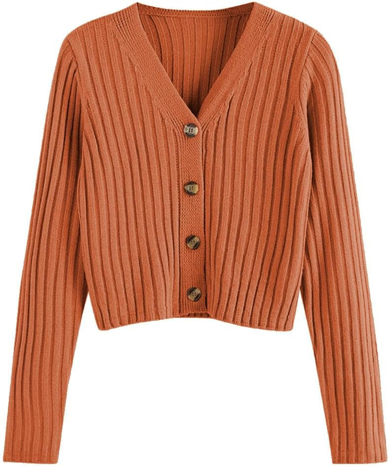 Women'S V Neck Ribbed Button up Cardigan Solid Knitwear Long Sleeve Surplice Crop Tops Sweaters