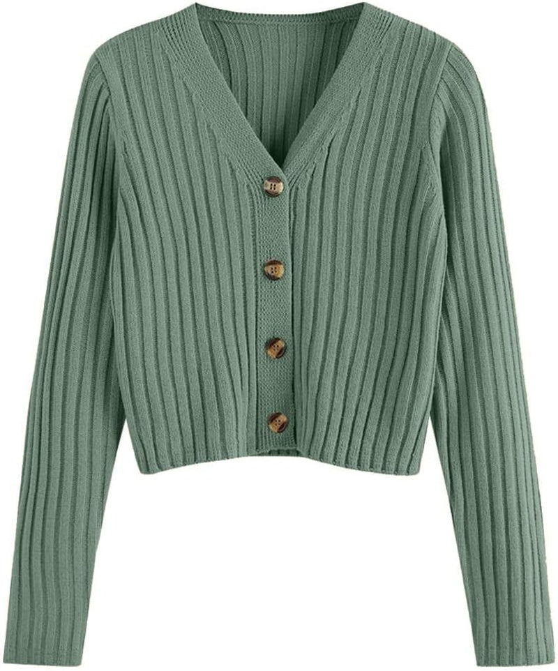 Women'S V Neck Ribbed Button up Cardigan Solid Knitwear Long Sleeve Surplice Crop Tops Sweaters