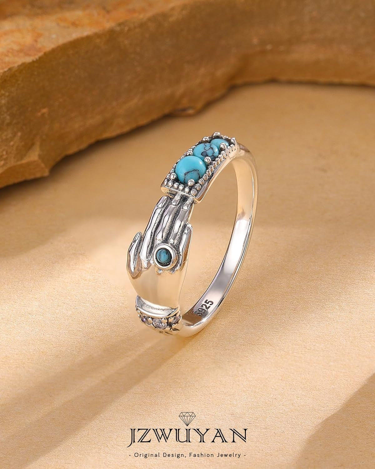 Sterling Silver Adjustable Hug Ring - White Gold/Rose Gold Plated Couple Hugging Band for Women Men'S Wedding - Turquoise Hand Jewelry for Her