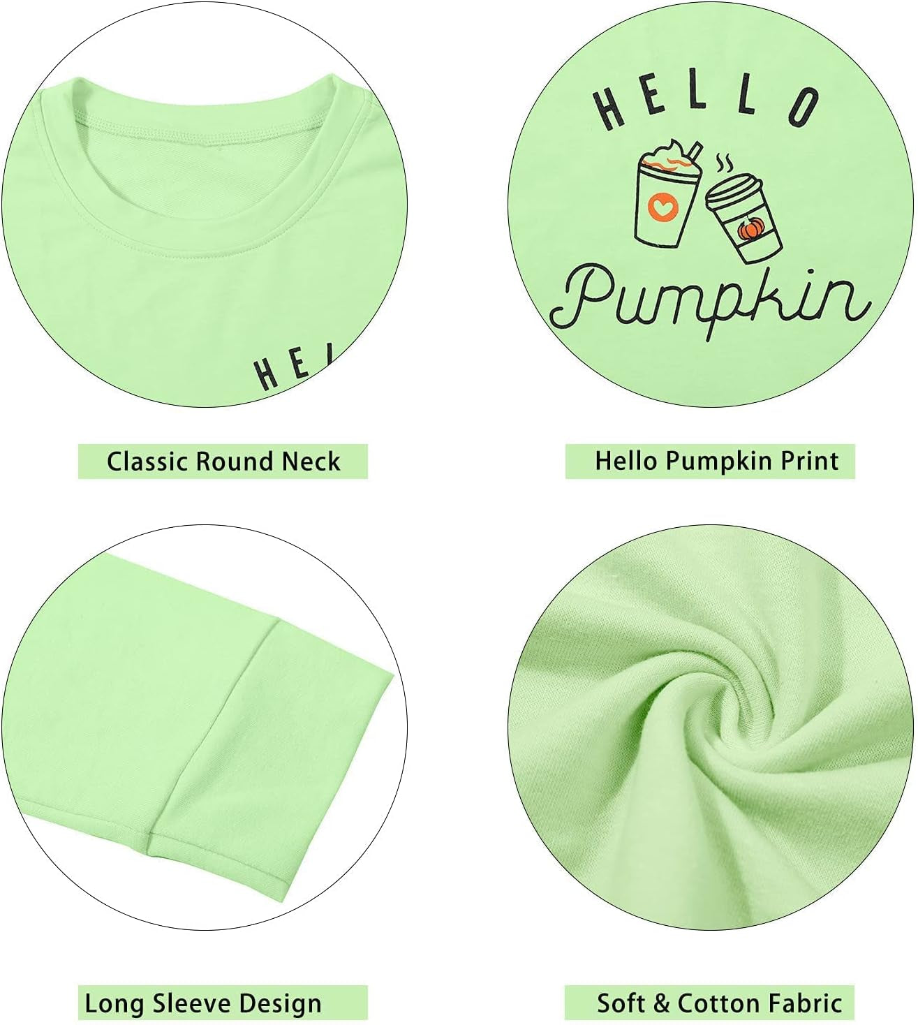 Women Thanksgiving Pumpkin Sweatshirt Solid Color Cute Graphic Sweatshirts Fall Graphic Pullover Tops Tees Light Green