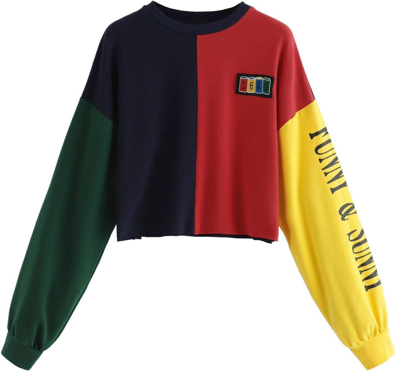 Women'S Letter Print Color Block Crop Sweatshirt Long Sleeve Pullover Tops