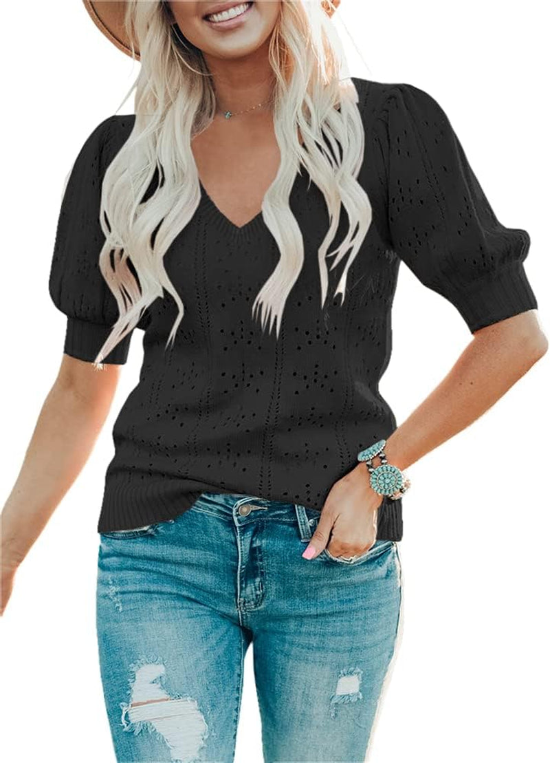 Womens Puff Short Sleeve Sweaters Tops Fall Soft Crew Neck Dot Pullover Shirt Lightweight Knit Sweater Blouse